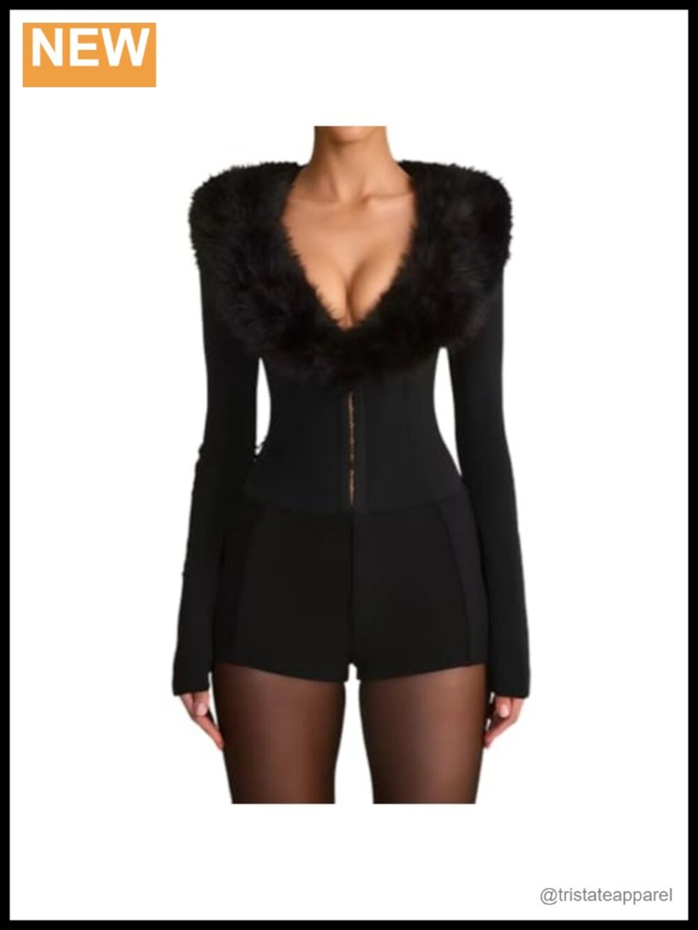 Women's Faux Fur Trim Jumpsuit Deep V Neck Long Sleeve Sexy Club Romper